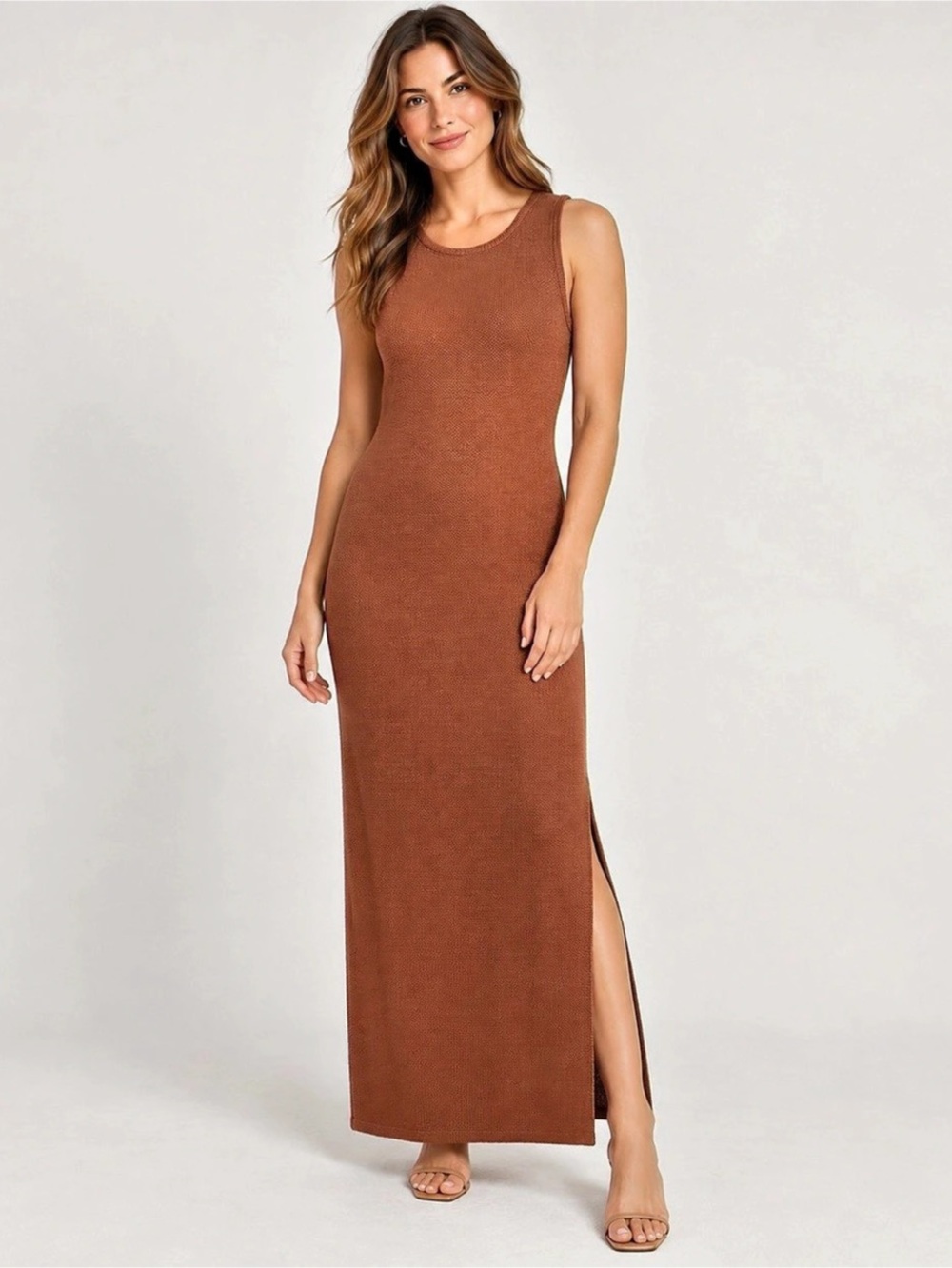 And Now This Knit Maxi Dress S Rust Brown Sleeveless Side Slit Sweater Stretch